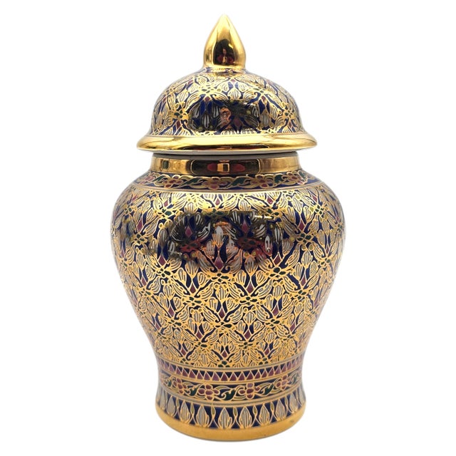 Late 20th Century Thai Benjarong Hand-Painted Gilt Porcelain Covered Jar 6.6" For Sale - Image 11 of 17