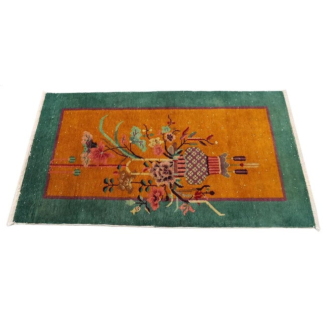 Art Deco Vintage Chinese Art Deco Rug | Gold & Green Colors | Small Floral Rugs For Sale - Image 3 of 8