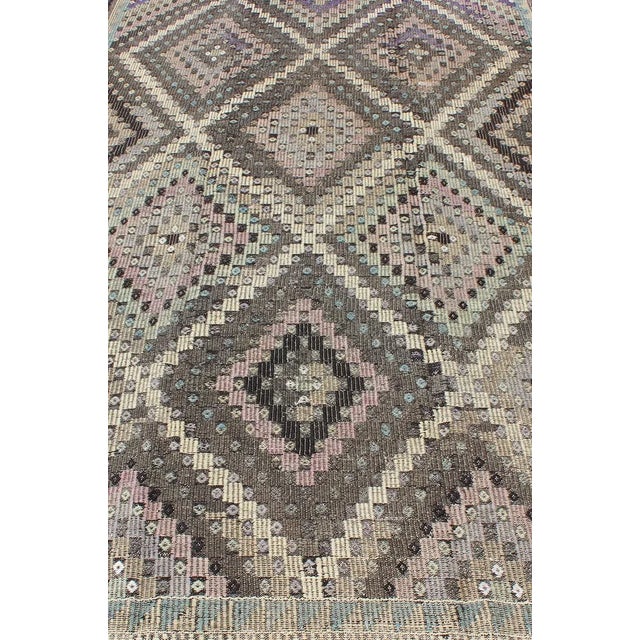 Mid 20th Century Mid 20th Century Mid 20th Century Vintage Turkish Flat Weave With Diamond Design in Gray Black Lavender & Green For Sale - Image 5 of 13