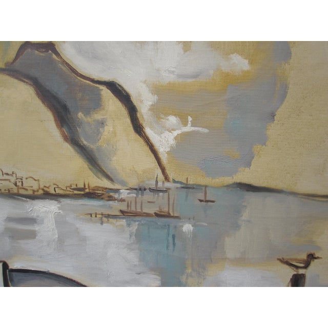 Harrison Mid-Century Abstract Harbor / Fishing Boats — Signed Oil on Canvas, Framed (51" X 39") For Sale In Austin - Image 6 of 9