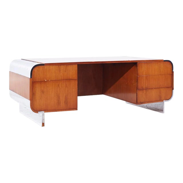 Leon Rosen for Pace Mid Century Walnut and Stainless Steel Desk For Sale