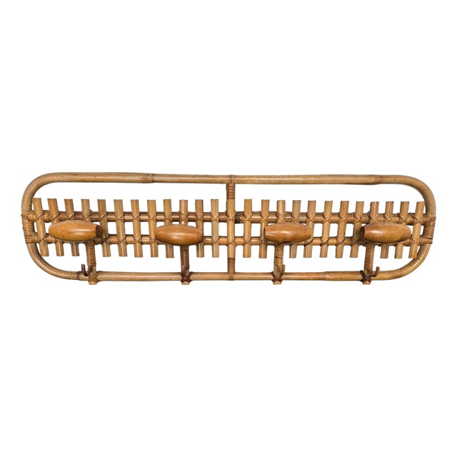 Italian Bohemian Bamboo and Rattan Wall Coat Hanger, 1960s For Sale