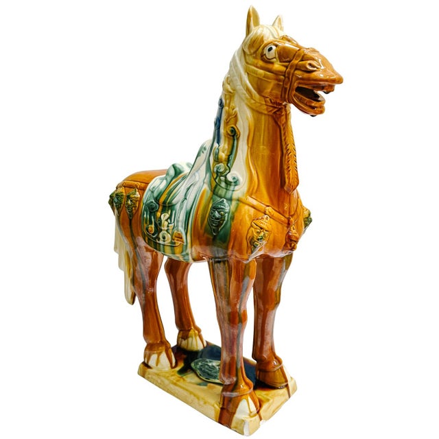 Late 20th Century Large Chinese Tang Dynasty Sancai Glazed Pottery Horse Statue For Sale - Image 4 of 11