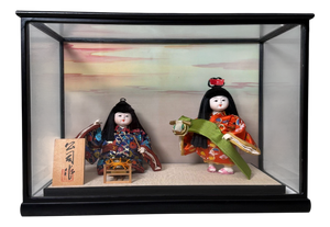 Japanese Ichimatsu Dolls in Glass Display Case, 1970s, Set of 3