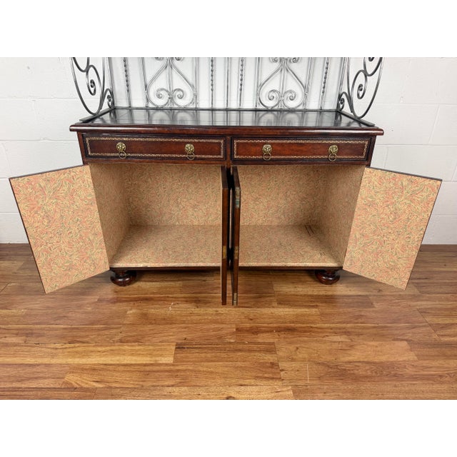 Maitland Smith Neoclassical Leather Wrapped Base Ornate Ironwork Baker’s Rack For Sale - Image 10 of 12