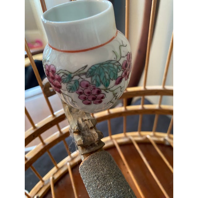 Mid 20th Century Mid 20th Century Vintage Chinese Bamboo Song Bird Bird Cage With Porcelain Feed Bowls For Sale - Image 5 of 7