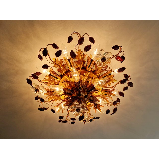 Large Floral Ceiling Light in Brass and Crystal by Banci Firenze, Italy, 1970s For Sale - Image 4 of 14