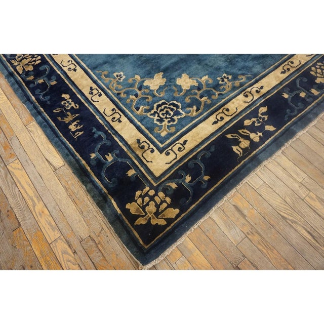 1920s Classic Chinese Symbols Navy Blue Open Field Antique Peking Room Size Rug For Sale - Image 10 of 11