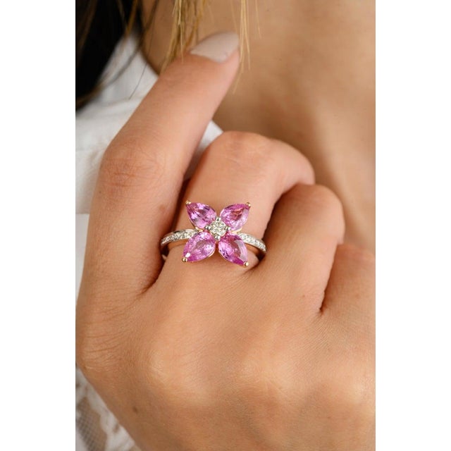Not Yet Made - Made To Order Pear Cut Pink Sapphire Diamond Floral Ring for Wedding Ring Size 5.5 For Sale - Image 5 of 12