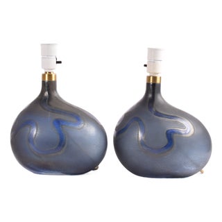 Danish Modern Blue Glass Table Lamps by Michael Bang for Holmegaard, 1970s, Set of 2 For Sale
