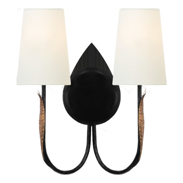 Thomas O'Brien for Visual Comfort Signature Kairos 14" Double Sconce in Aged Iron and Roman Bronze with Linen Shades For Sale