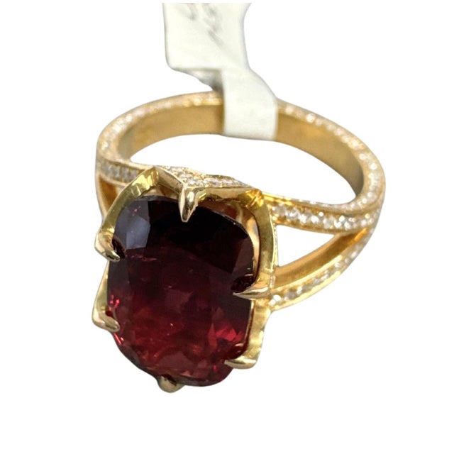 Early 21st Century 4.69 CTW Mid-Century Style Diamond & Burmese Ruby 18k Yellow Gold Halo Ring, Size 6 For Sale - Image 5 of 10