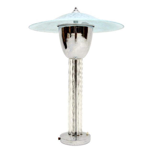 Large French Art Deco Chrome and Glass Table Lamp, 1930s For Sale