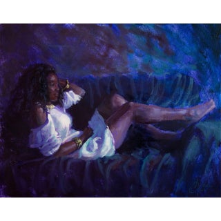 Reclining Figure by Christopher Clark | Oil Painting of a woman lounging on a couch For Sale
