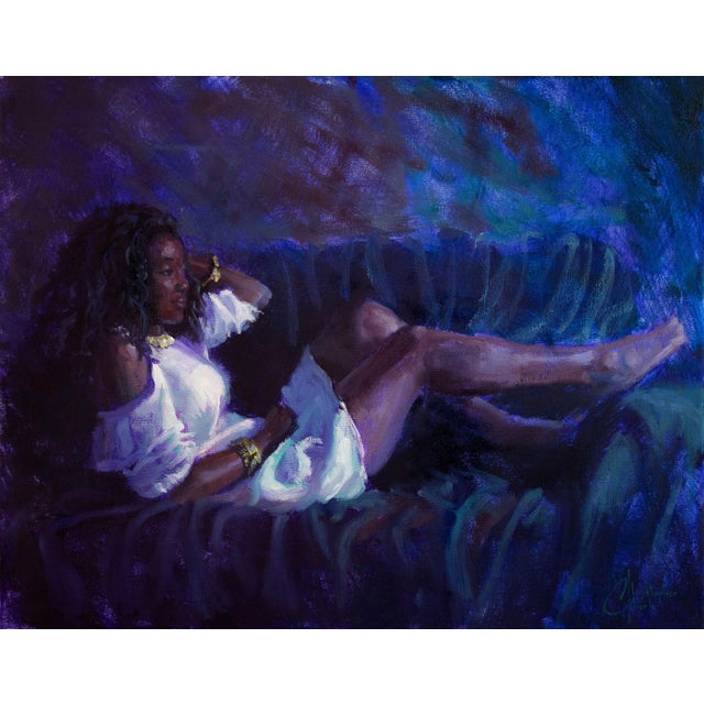 Reclining Figure by Christopher Clark | Oil Painting of a woman lounging on a couch For Sale