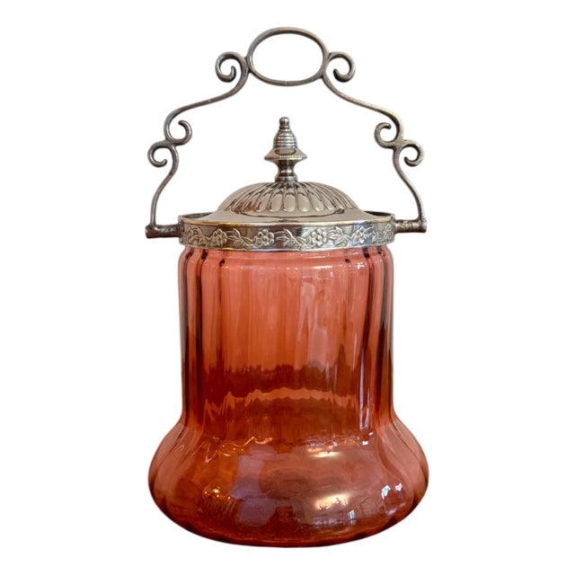 Antique Edwardian Cranberry Glass Biscuit Barrel, 1900 For Sale