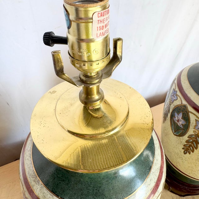 Vintage Green Gold and Cream Hand Painted Table Lamps - A Pair For Sale In Miami - Image 6 of 7