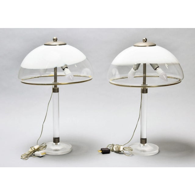 White Pair Mid Century Italian Lamps With Lucite Base and All Glass Shades For Sale - Image 8 of 12