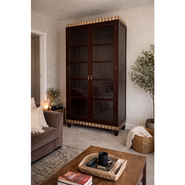 Late 20th Century Designer Contemporary Lighted Curio Display Cabinet Cherry Wood Glass 82”h For Sale - Image 4 of 7