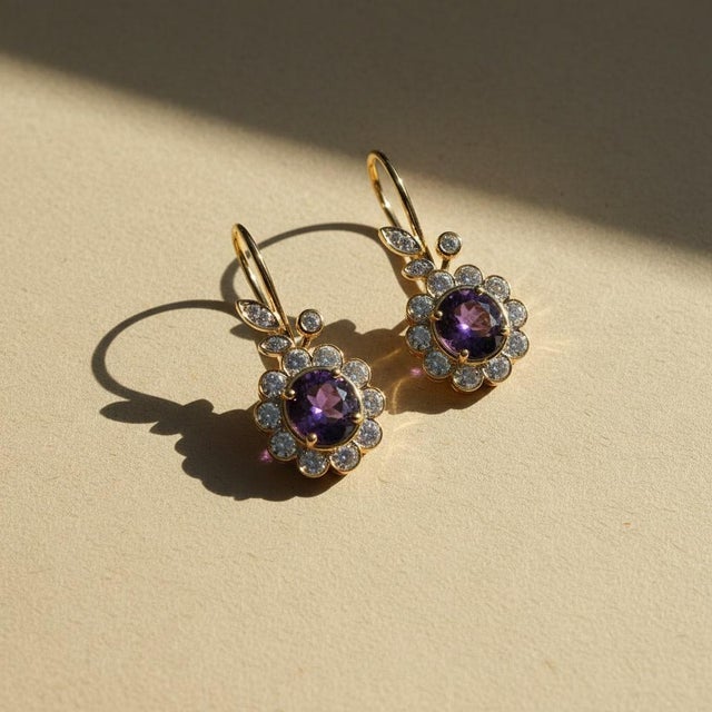 Not Yet Made - Made To Order Art Nouveau Amethyst Flower and Leaf Drop Earrings, Silver, Gold, Pair For Sale - Image 5 of 10
