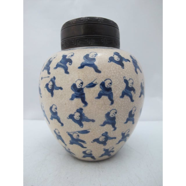 Figurative Chinese Qing 100 Boys Blue Porcelain Ginger Jar Snuff Bottle W/Carved Wood Lid For Sale - Image 3 of 11