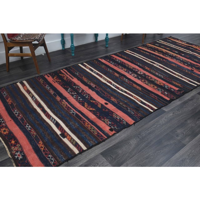 1970s Vintage Handmade Wool Cotton Dark Blue Runner Rug For Sale - Image 11 of 11