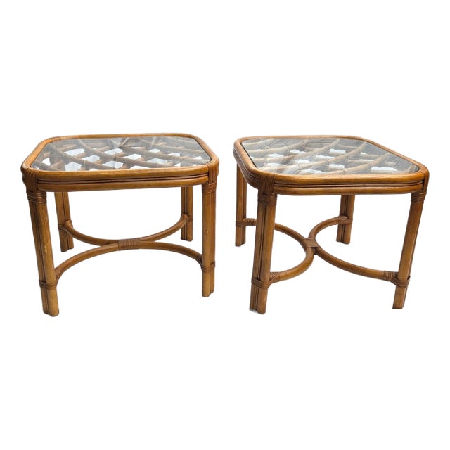 Mid 20th Century Mid Century Glass Top Bamboo Side Tables - Celerie Kemble Style Mid Century Modern Glamour For Sale - Image 5 of 11