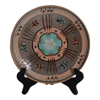 Vintage Hand-Painted Geometric Folk Art Pottery Plate For Sale