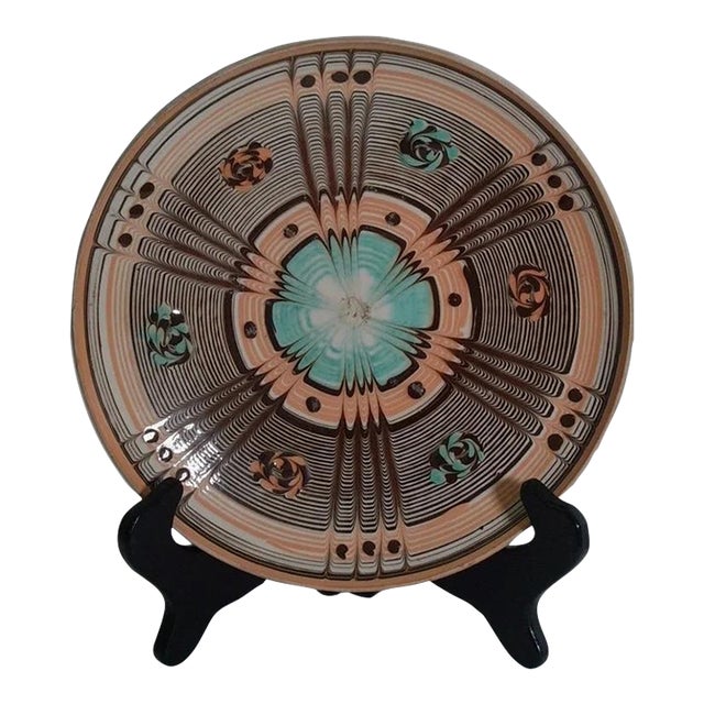 Vintage Hand-Painted Geometric Folk Art Pottery Plate For Sale