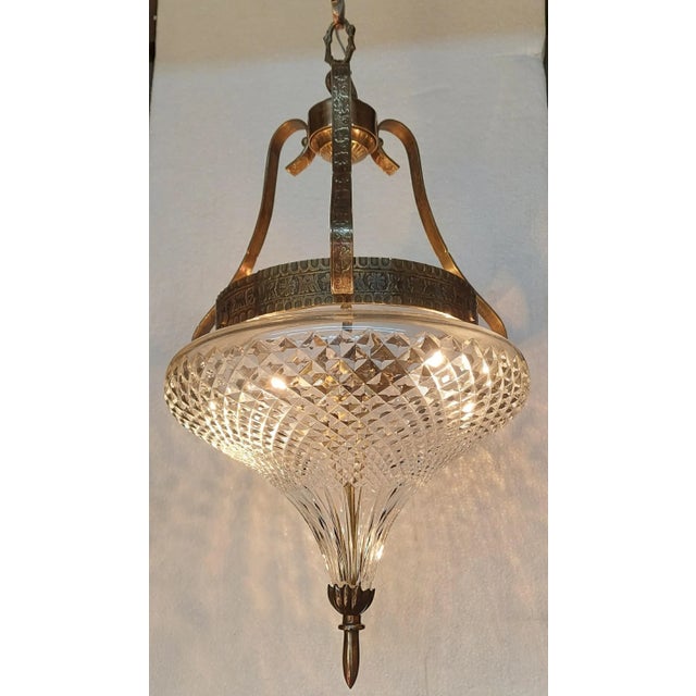 Rare Vintage Art Nouveau Light Old Lamp Ceiling Hanging Chandelier Fixture Brass & Crystal Cut Glass Light Antique...