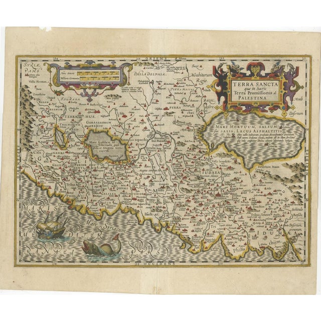 This finely engraved and hand-colored original antique map depicts the Holy Land under the title Terra Sancta quae in...