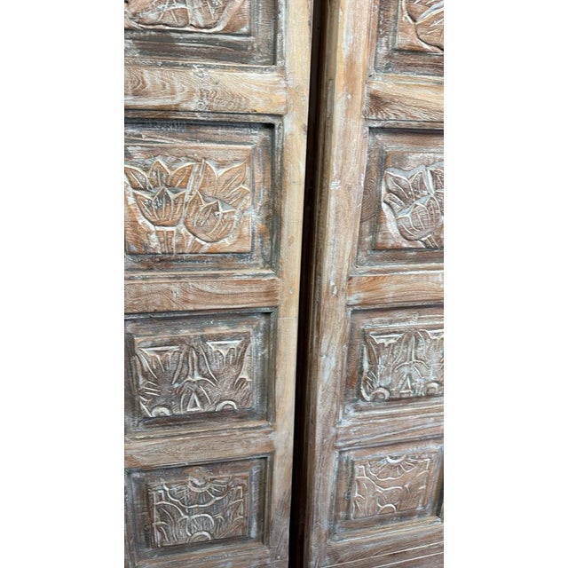 Mid-Century Modern Antique Hand-Carved Floral Wood Door Panels | Pair of Vintage Barn Doors 80x29 For Sale - Image 3 of 8