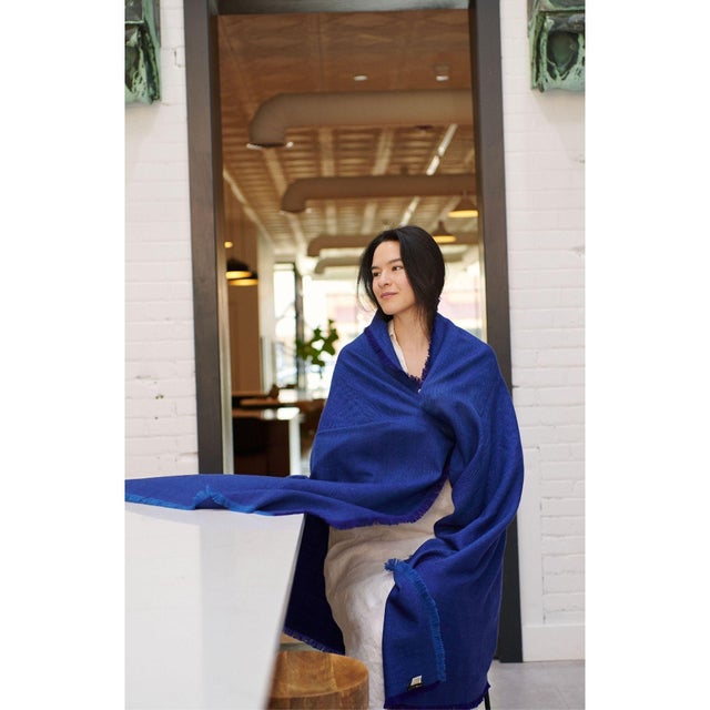 2020s Cobalt Blue Herringbone Plush Soft Merino Handwoven Throw For Sale - Image 5 of 8