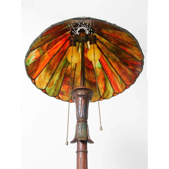 Brown Antique Carved Wood Floor Lamp With Glass Shade For Sale - Image 8 of 11