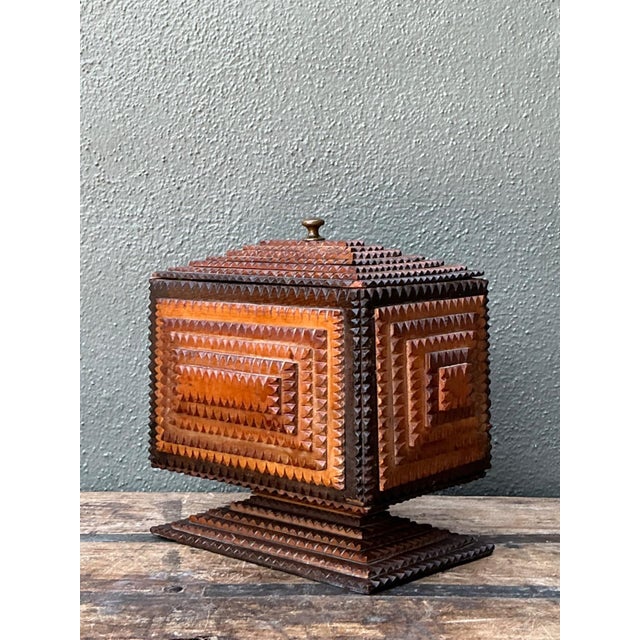 Vintage Tramp Art Wood Box on Pedestal For Sale - Image 10 of 17