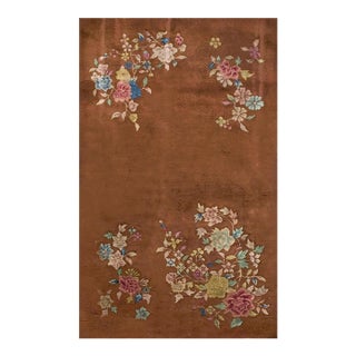 1930s Brown Field Roses Floral Antique Chinese Art Deco Knotted Wool Small Rug For Sale