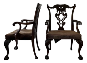Early 20th C Hand Carved Mahogany Chippendale Arm Chairs With Velvet Cushions, a Pair