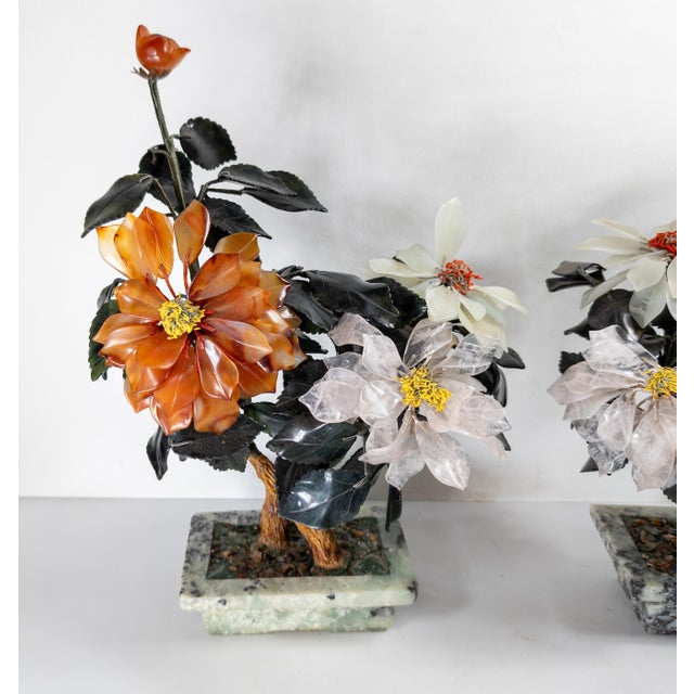 Chinoiserie 20th Century Chinese Chinoiserie Pair of Jade Trees With Nephrite, Carnelian and Rose Quartz For Sale - Image 3 of 18