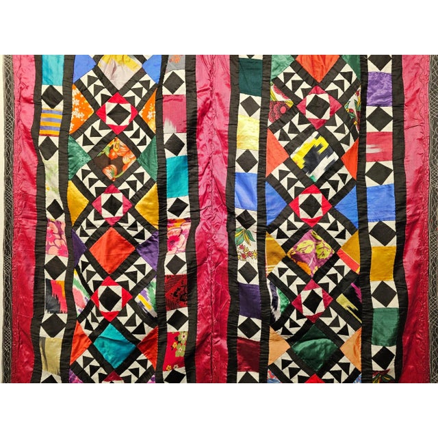 Vintage Uzbek Quilt, Hand-Stitched Silk, Geometric Pattern, Red & Turquoise, 39” X 73” For Sale - Image 9 of 12