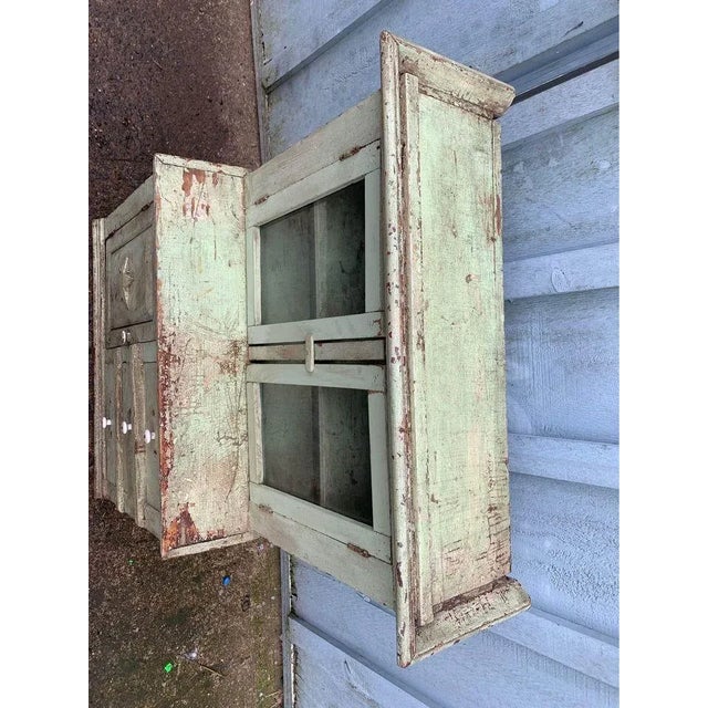 Wood Early 20th Century Antique Early American Folk Art Primitive Stepback Cupboard in Green Paint With Star Motif 40'' Tall For Sale - Image 7 of 12