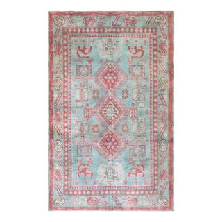 1930s Turquoise Diamond Tribal Antique Agra Cotton Rug 4' 6" X 7' Handknotted Carpet For Sale