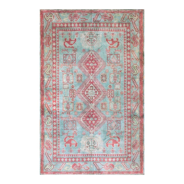1930s Turquoise Diamond Tribal Antique Agra Cotton Rug 4' 6" X 7' Handknotted Carpet For Sale