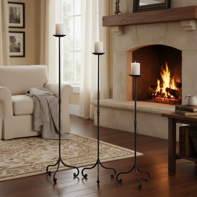 French Hand Forged Iron Candelabra Set of 3 (90-110cm) Antique Copper Finish Straight Stem with Ornate French Scroll Feet For Sale - Image 3 of 6