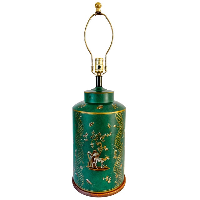 1970s Large Frederick Cooper Emerald Green Hand-Painted Green Tole Chinoiserie Table Lamps - A Pair For Sale - Image 14 of 17
