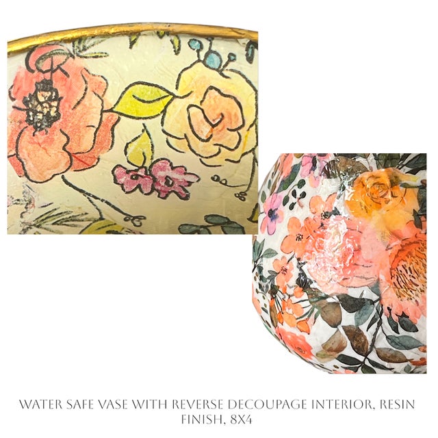 Floral Vase With Resin Finish and Reverse Decoupage Interior- Water Safe,