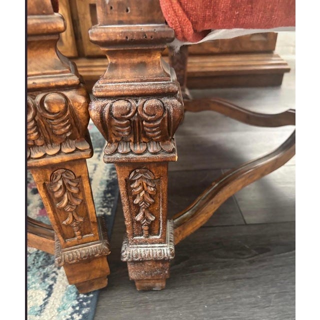 English Pair of Vintage Baroque Style Carved Wood Armchairs With Floral Upholstery & Rust Seats For Sale - Image 3 of 12