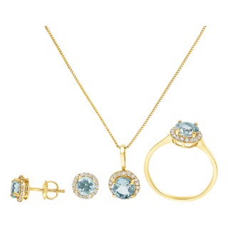 10K Yellow Gold Blue Aquamarine and 3/8 Cttw Diamond Halo Jewelry Set (Earrings, Pendant & Ring) For Sale