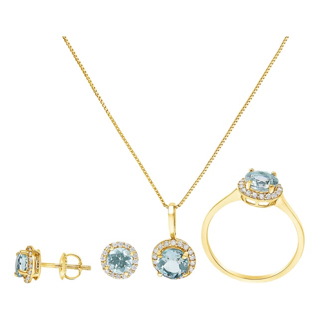 10K Yellow Gold Blue Aquamarine and 3/8 Cttw Diamond Halo Jewelry Set (Earrings, Pendant & Ring) For Sale