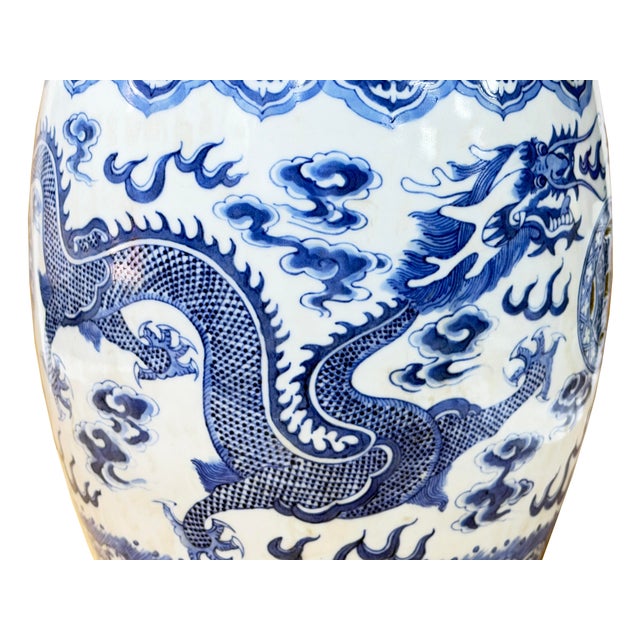 10" Chinese Blue White Porcelain Double Dragons Round Shape Stand Display Art For Sale - Image 14 of 18