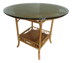 McGuire Bamboo Rattan Raffia Round Occasional Center Table With Glass Top